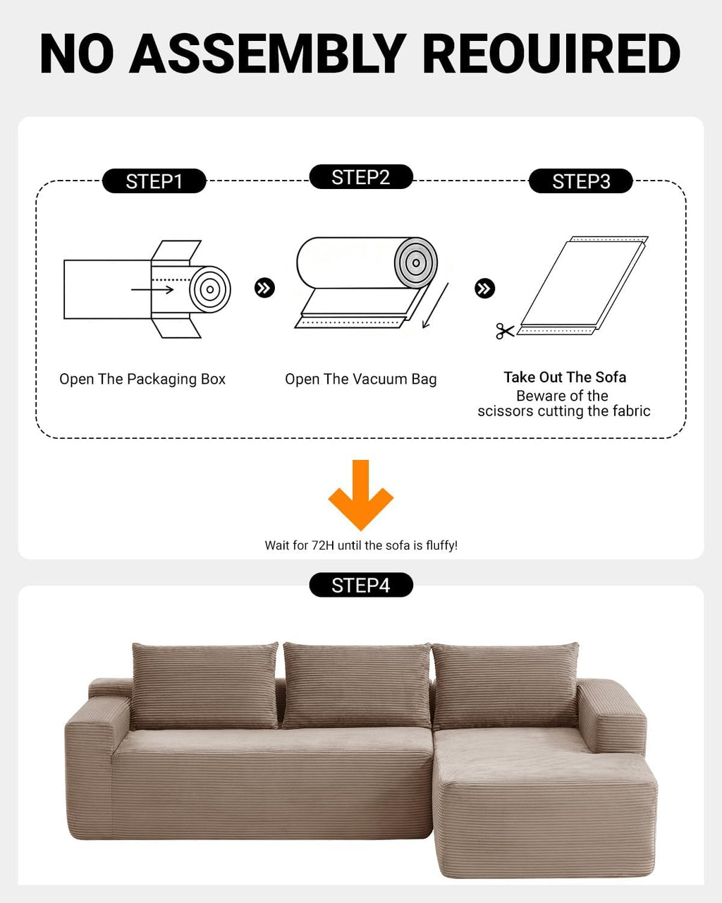 97' Cloud Sectional Couch,Modern Modular Sectional Sofa with Deep Seat,Corduroy Boneless Couches with L-Shape Chaise for Living Room Bedroom,No Assembly Required (Camel, 97' Right Facing Chaise)