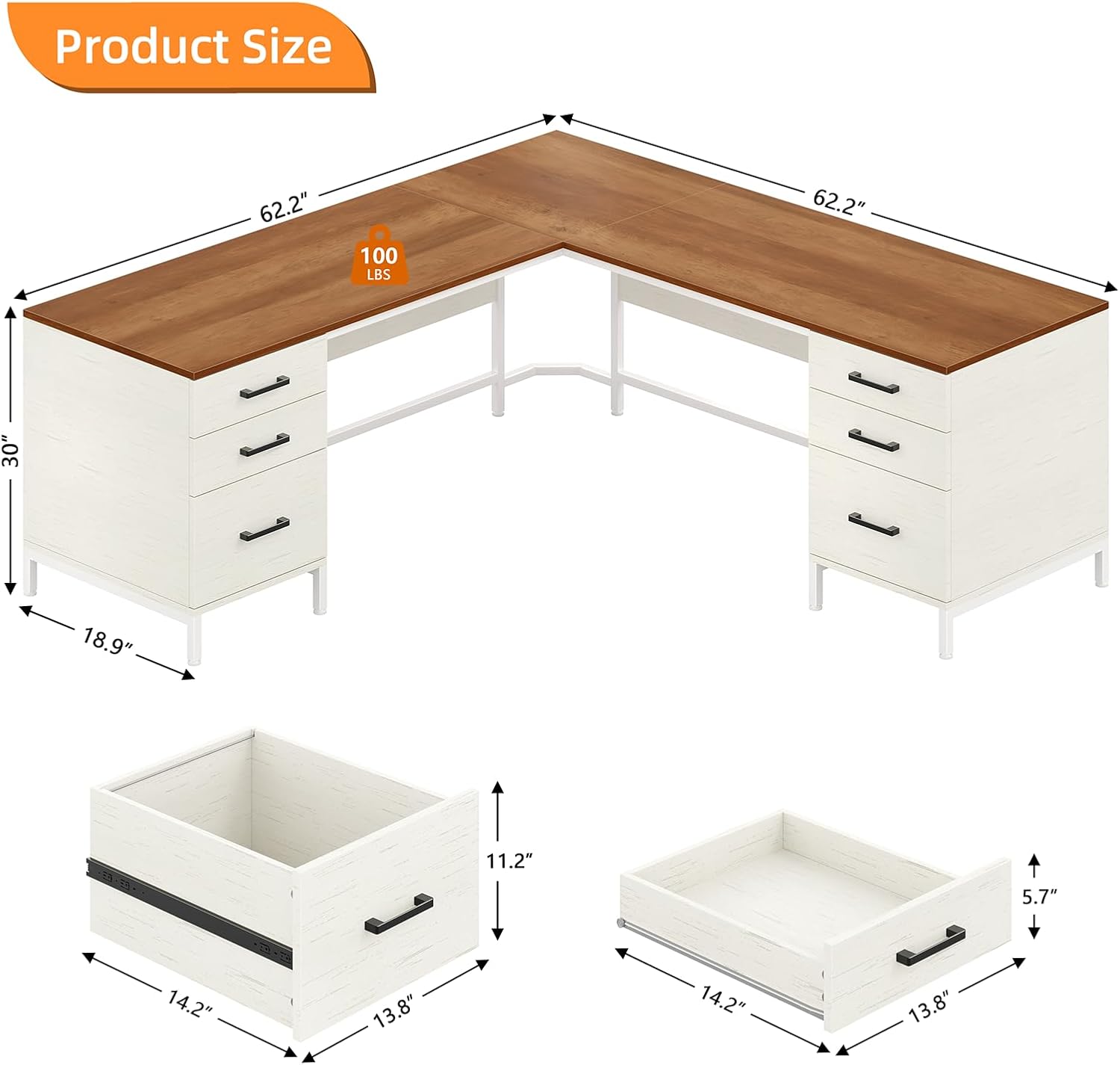 TVU 59'' L Shaped Desk with 6 Wood Drawers, Large Home Office Corner Computer Desk with Storage File Cabinet, Modern Metal Wood Desk for Executive Writing Study Workstation