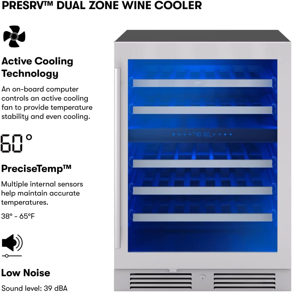 Zephyr Presrv 24' Wine Fridge Dual Zone Under Counter - Countertop Mini Wine Cooler Cellars Small Cabinet Wine Refrigerator Home Bar Chiller Freestanding with Glass Door, 45 Bottles 750ml