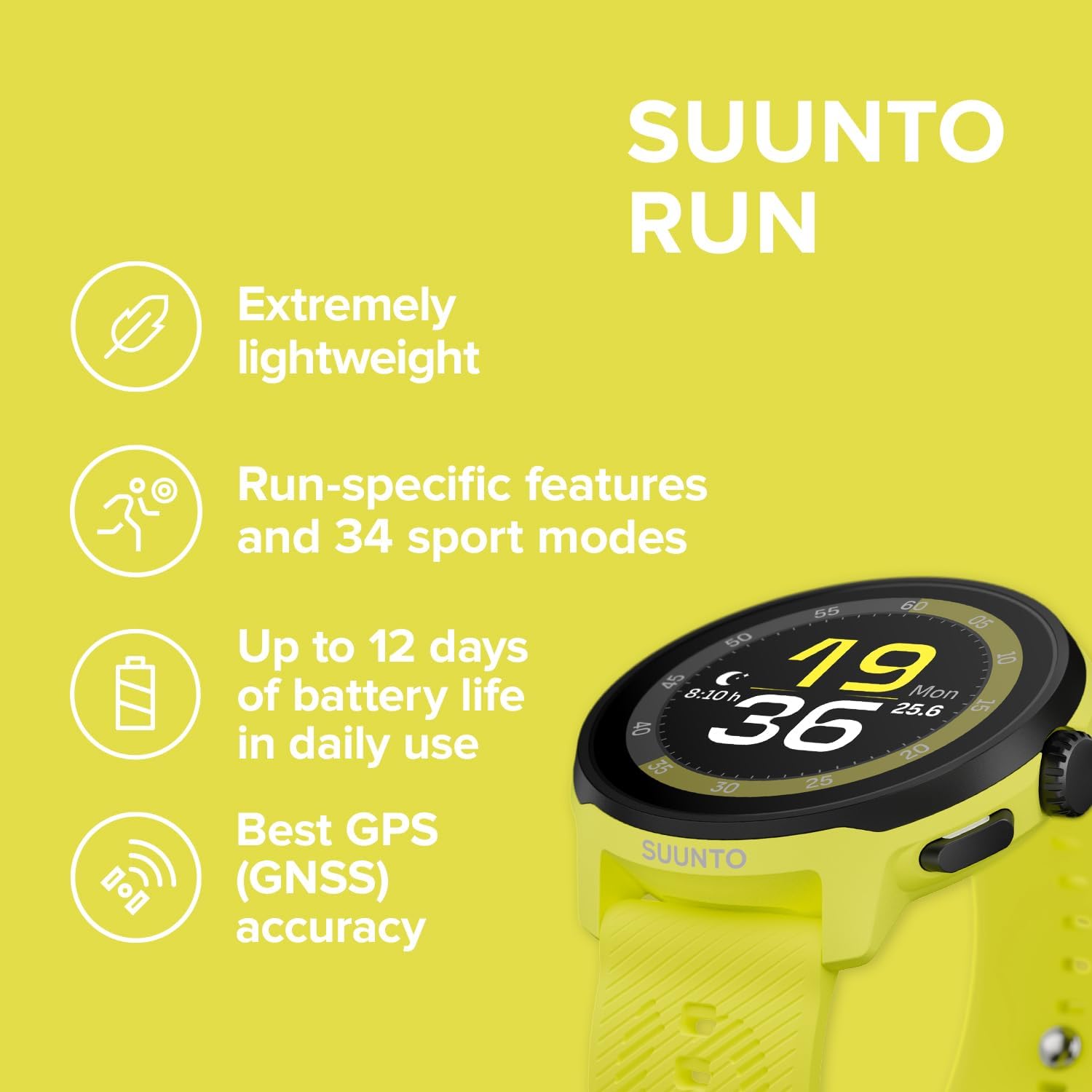 SUUNTO Run Running GPS Sports Watch with Silicone Strap, 1.32' AMOLED Touchscreen w/Crown Button, Wrist Heart-Rate & Sleep Health Tracking, Lime