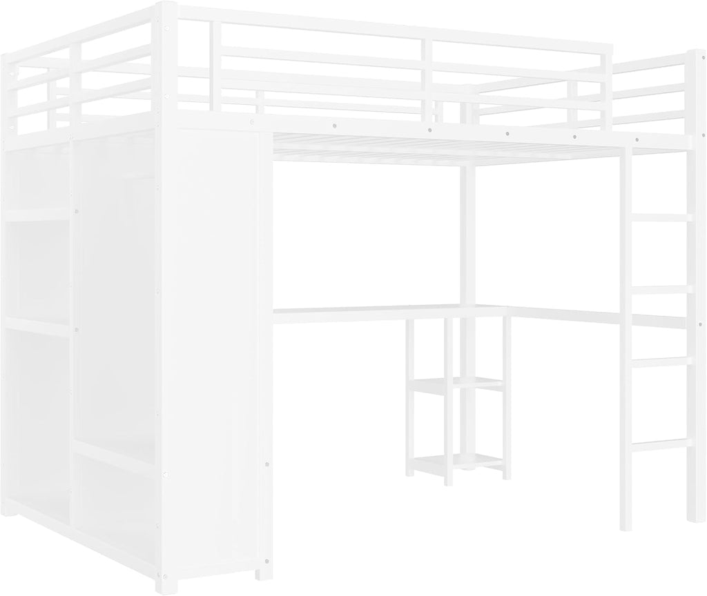 Modern Queen Size Metal Loft Bed Frame with Built-in Wardrobe,Desk and Storage Shelves, for Kids Teens Adults Bedroom Use (White#o, Queen)
