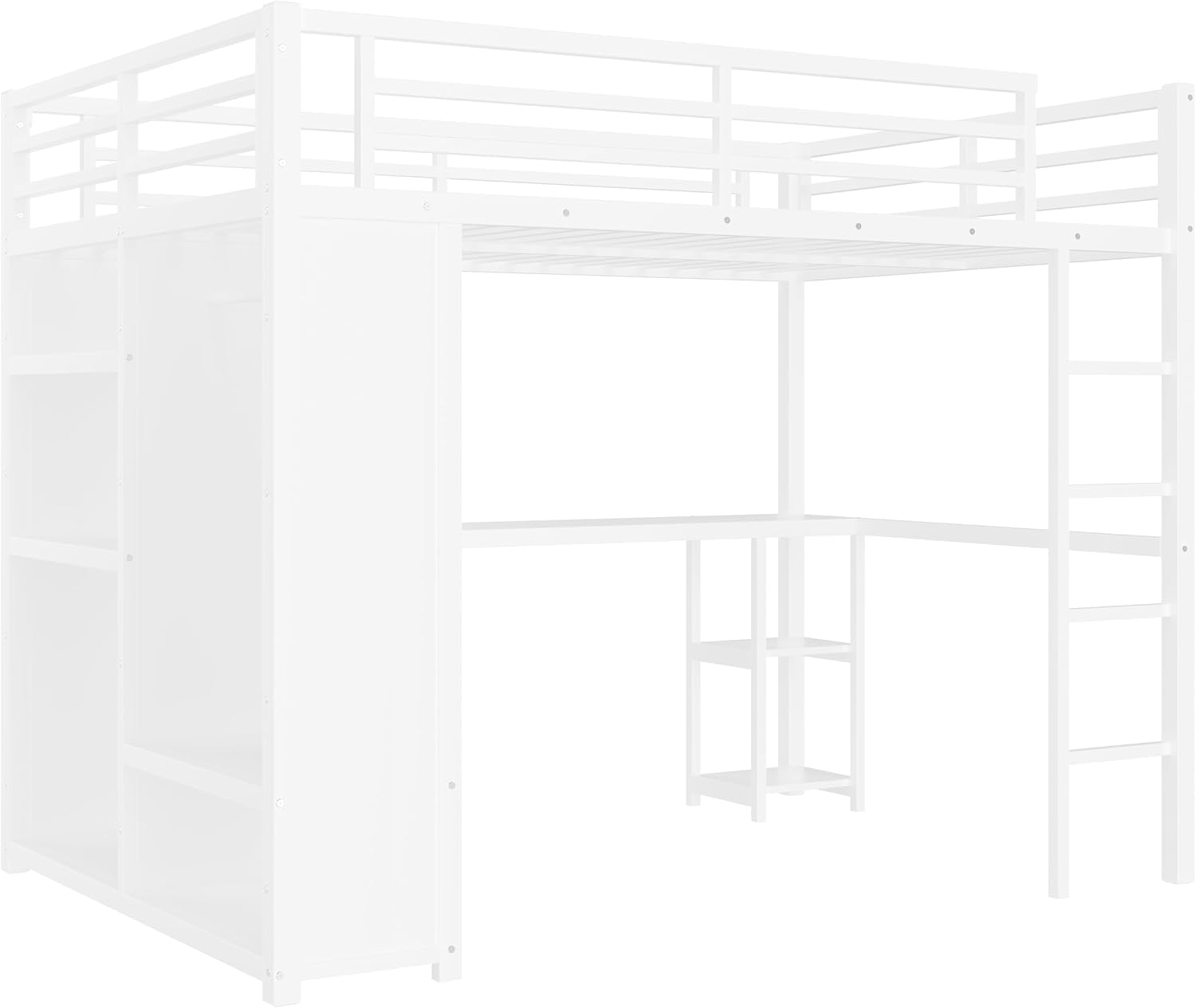 Modern Queen Size Metal Loft Bed Frame with Built-in Wardrobe,Desk and Storage Shelves, for Kids Teens Adults Bedroom Use (White#o, Queen)