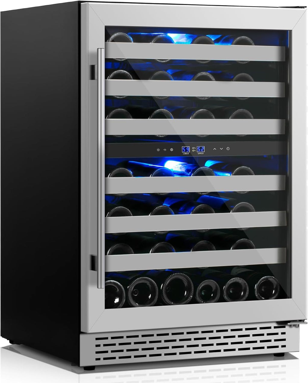 24 Inch Wine Cooler & Fridge Under Counter,54 Bottle Dual Zone Wine Cooler,New Upgrade Compressor,Blue Light Built-in/Freestanding,Reversible Stainless Steel Door Wine Fridge for Home/Kitchen