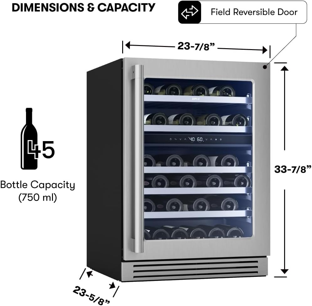 Zephyr Presrv 24 Inch Pro Wine Fridge Dual Zone Under Counter - Pro-Style Design Wine Cooler Cellars Small Cabinet Wine Refrigerator Home Bar Chiller Freestanding Wine Cooler, 45 Bottles 750ml