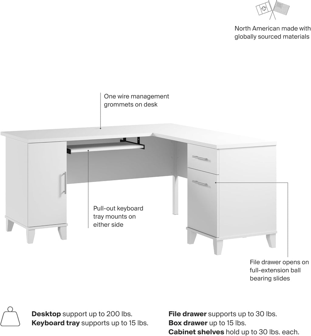 Bush Home 60-Inch L-Shaped Desk with Storage, Corner Computer Office Desk with Drawers and Storage Cabinet, Home Office Furniture, Somerset Collection, White