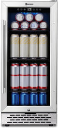 15 Inch Beverage Refrigerator Under Counter, 130 Cans Beverage Fridge with Tempered Glass Door & Lock, 37-65°F Beverage Cooler For Home/Bar, Built-in/Freestanding Mini Drink Cooler(3.53 cu.ft)
