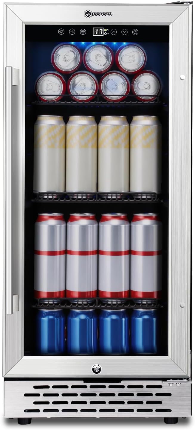15 Inch Beverage Refrigerator Under Counter, 130 Cans Beverage Fridge with Tempered Glass Door & Lock, 37-65°F Beverage Cooler For Home/Bar, Built-in/Freestanding Mini Drink Cooler(3.53 cu.ft)