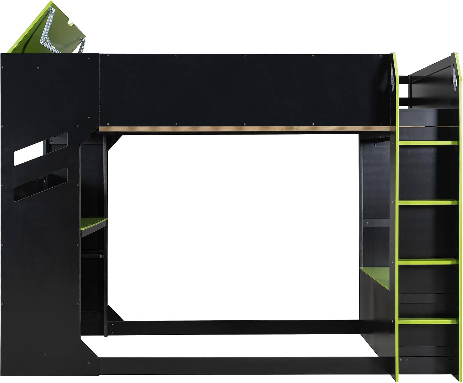 Merax Wood Loft Bed with Height-Adjustable Desk,Drawers,Storage Compartments,Hanging Rod and RGB Lights, Full Size, Green