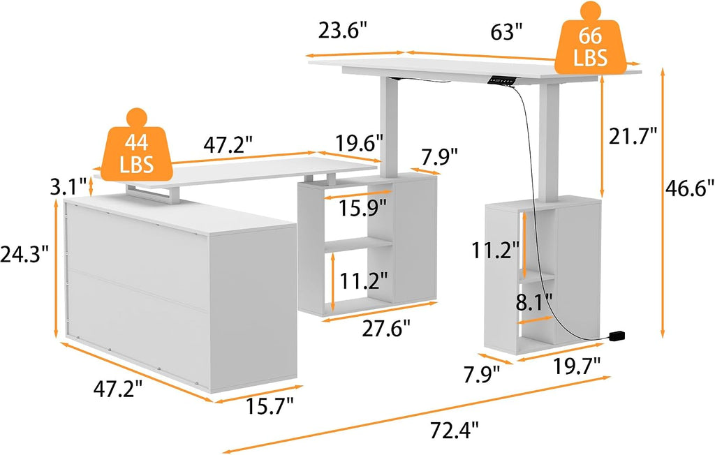 63' W Height Adjustable Standing Desk with Drawers & Cabinet, Electric Stand up Desk with Storage, C Shaped Home Office Table Corner Computer Workstation, White (28.1'-46.6' H)
