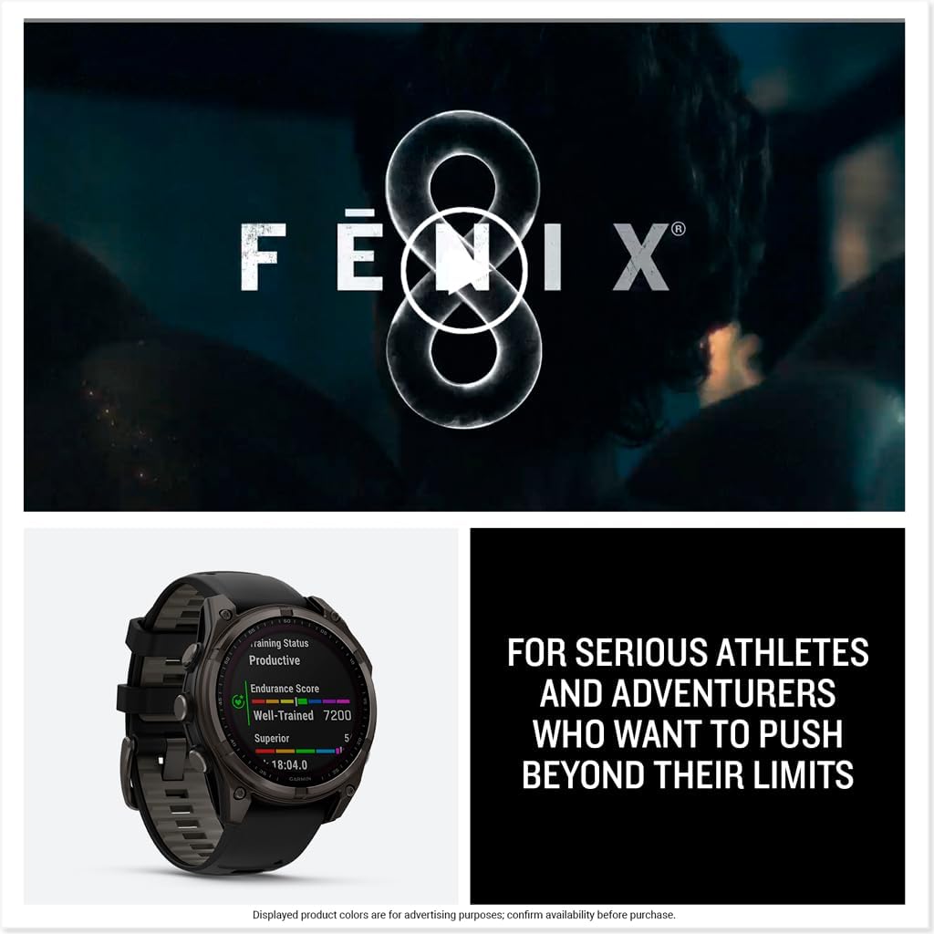 Garmin fēnix® 8 – 47 mm,Solar,Sapphire,Premium Multisport GPS Smartwatch, Long-Lasting Battery Life,Dive-Rated, Built-in LED Flashlight, Carbon Gray DLC Titanium Bezel Black/Pebble Gray Silicone Band
