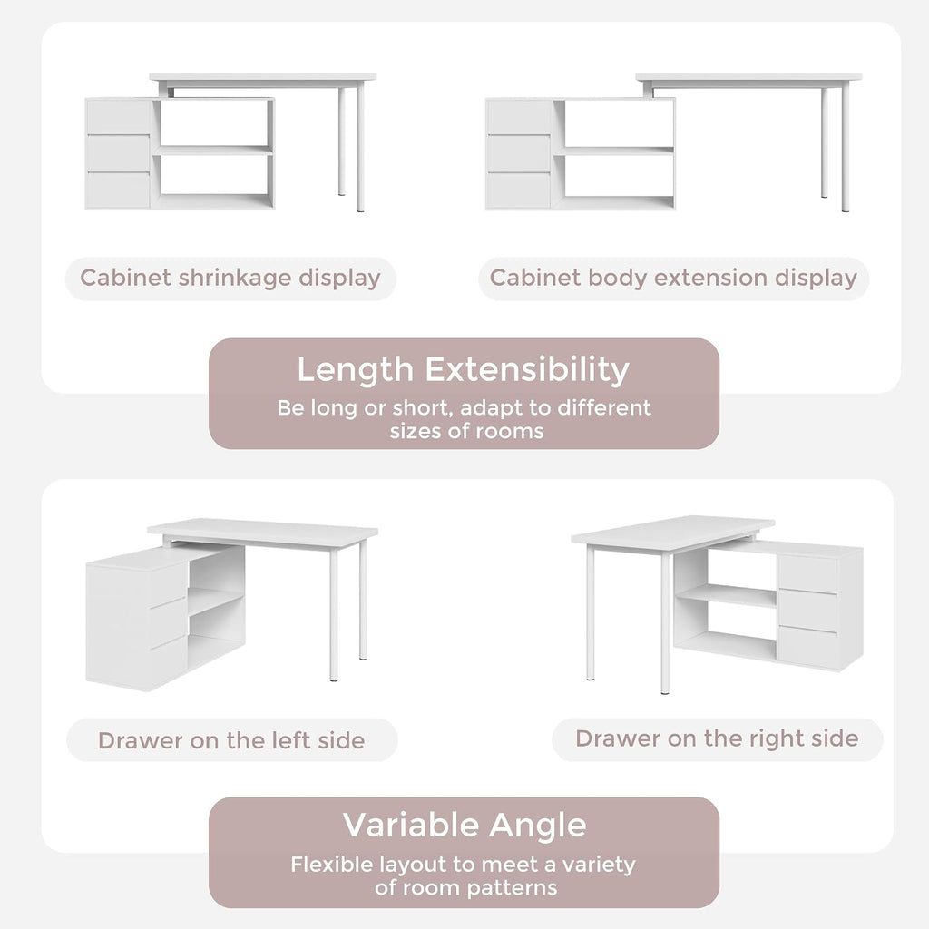 Home Office Computer Desk Corner Desk with 3 Drawers and 2 Shelves, 53-inch L-Shaped Study Desk with Storage, White