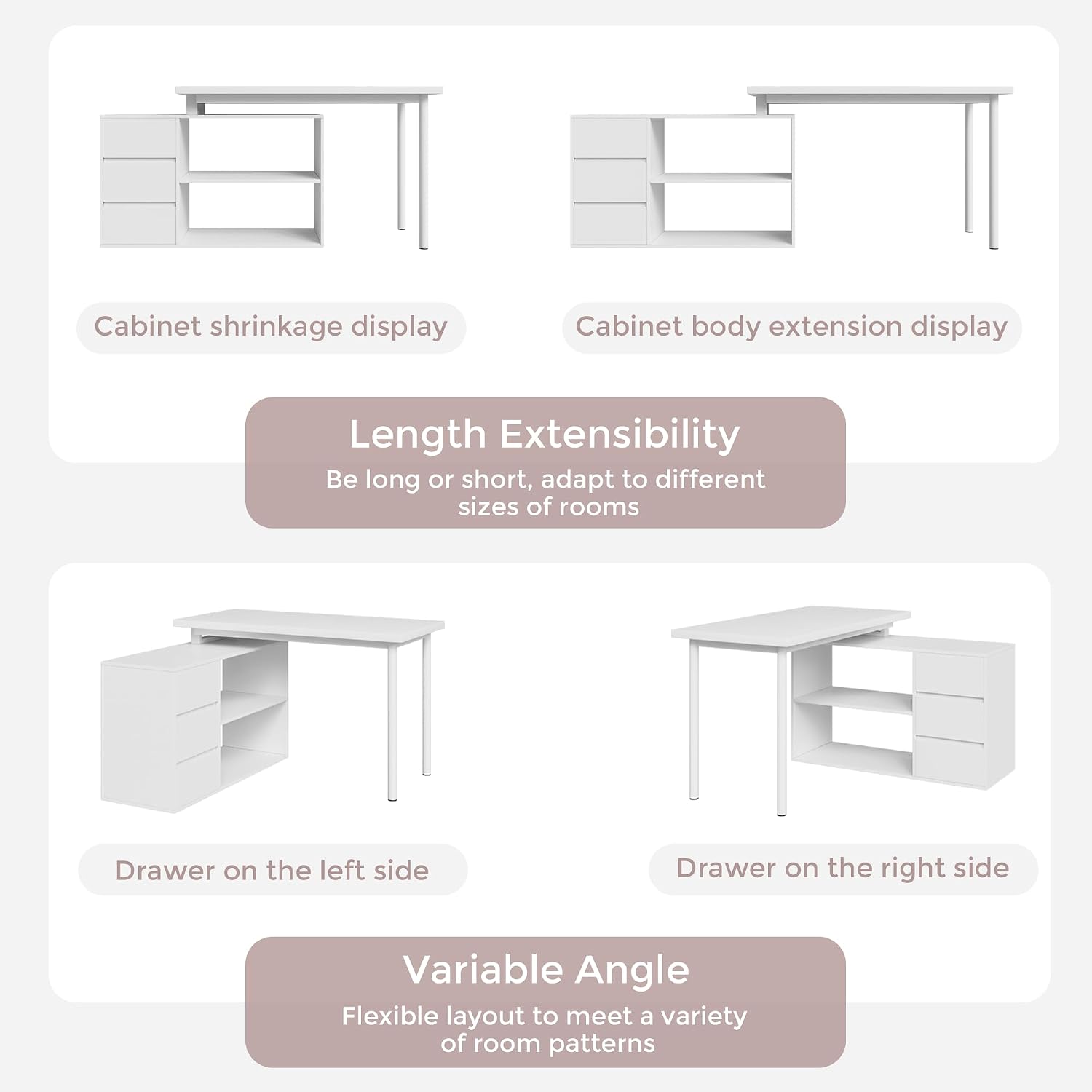 Home Office Computer Desk Corner Desk with 3 Drawers and 2 Shelves, 53-inch L-Shaped Study Desk with Storage, White