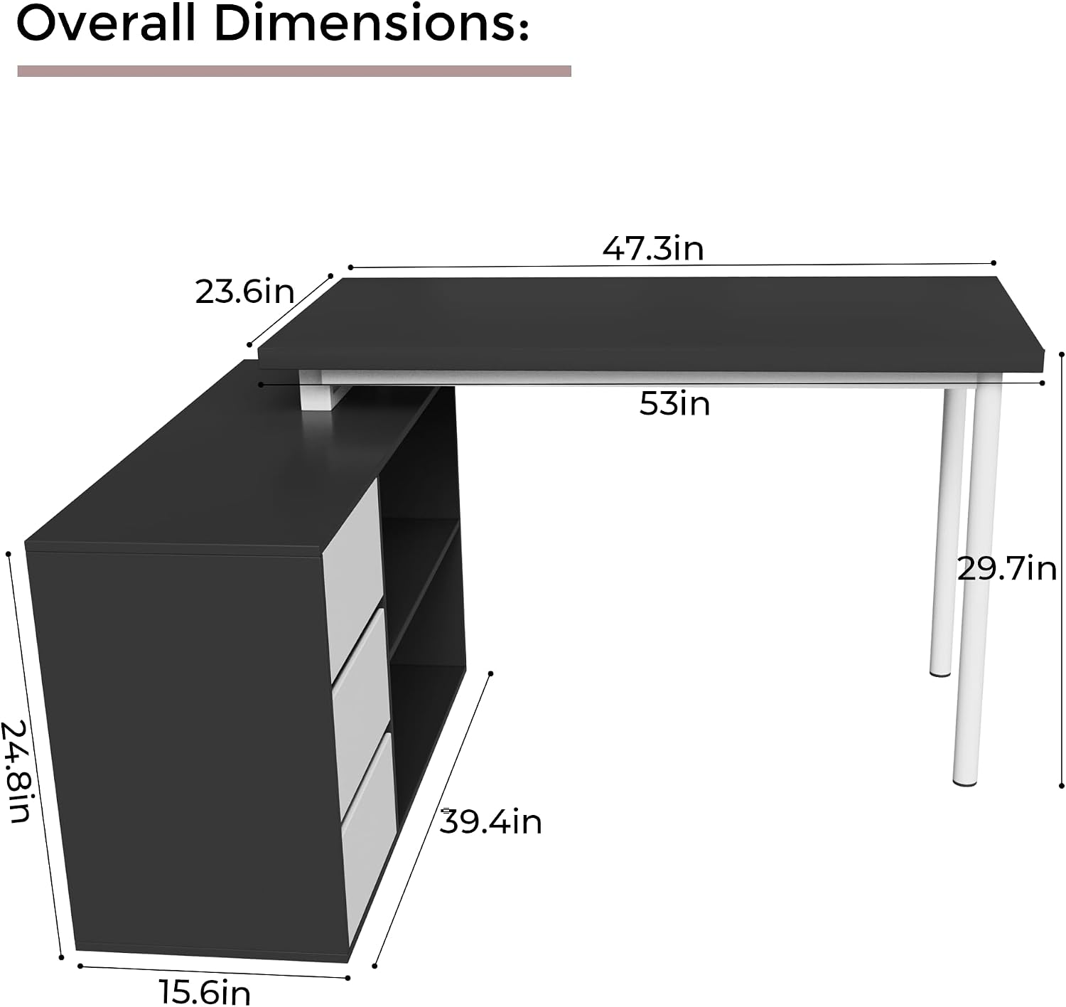 Home Office Computer Desk Corner Desk with 3 White Drawers and 2 Shelves, 53-inch L-Shaped Study Desk with Storage, Black + White