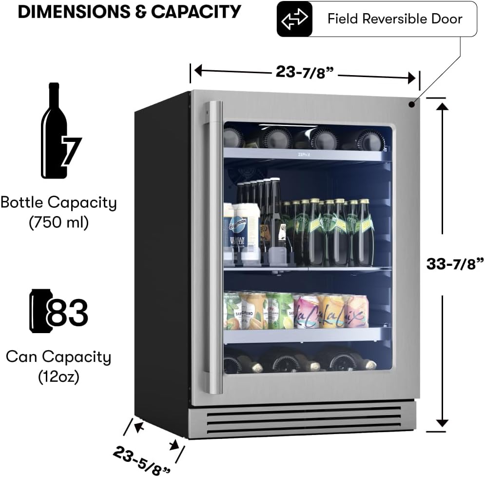 Zephyr 24' Wine Fridge & Beverage Refrigerator Single Zone Under Counter - Mini Wine Cooler Cellars Small Beer Fridge Cabinet Drink Chiller Freestanding Wine Beverage Cooler, 7 bottles,112 cans