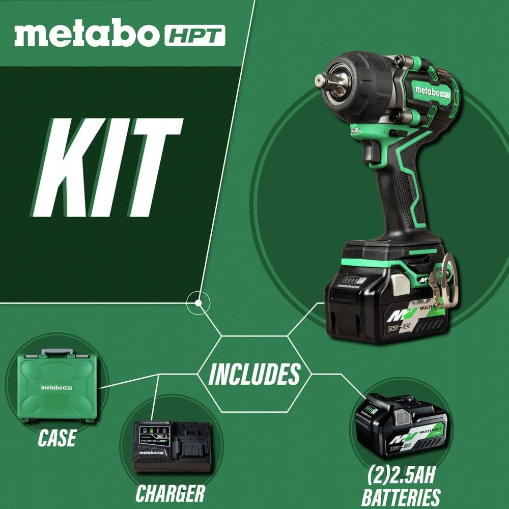Metabo HPT 36V MultiVolt 1/2 Inch Mid-Torque Impact Wrench Kit, High Performance Cordless Impact Wrench with Case, 2 Lithium-Ion Batteries and Rapid Charger, Compact Lightweight Power Tool, WR36DE