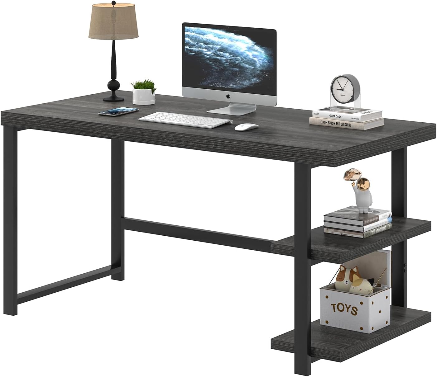FOLUBAN 47 Inch Computer Desk with Storage Shelves, Modern Home Office Desk, Small Study Writing Desk Gaming Table Workstation for Bedroom Living Room, Industrial Dark Gray