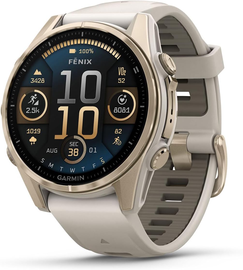 PlayBetter Garmin Fenix 8 AMOLED Sapphire (43mm, Soft Gold/Dark Sandstone) Multisport GPS Smartwatch Bundle - 1.3' Touchscreen, Built-in LED Flashlight Wireless Running Earbuds