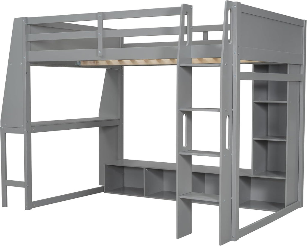 VilroCaz Modern Full Size Gaming Loft Bed with Desk and Multi-Storage Shelves, Wood Loft Bed Frame with Workstation and a Hanging Clothes Rack, Maximize Space Saving (Full)