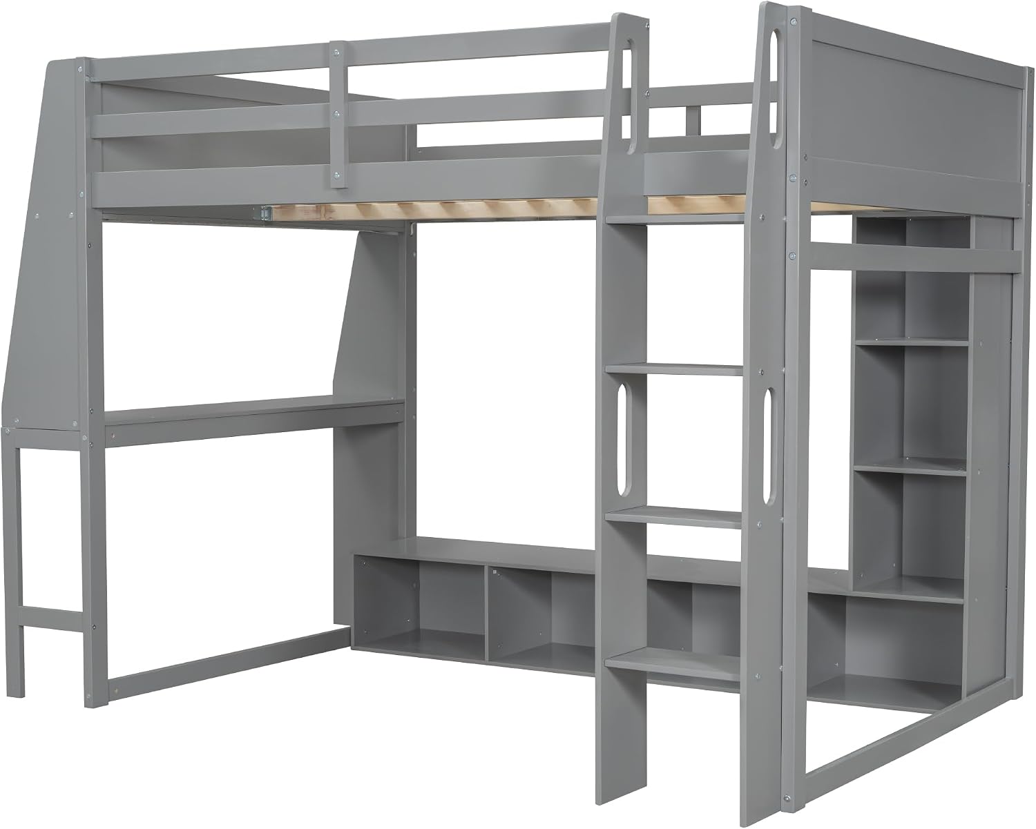 VilroCaz Modern Full Size Gaming Loft Bed with Desk and Multi-Storage Shelves, Wood Loft Bed Frame with Workstation and a Hanging Clothes Rack, Maximize Space Saving (Full)