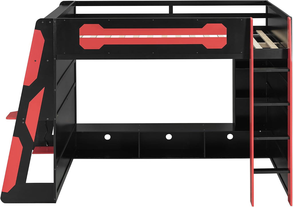 LUMISOL Full Size Gaming Loft Bed with Desk, Multi-Storage Shelves, RGB LED Lights & Built-in Charging Stations for Teens & Adults, Heavy Duty Support, Red Black