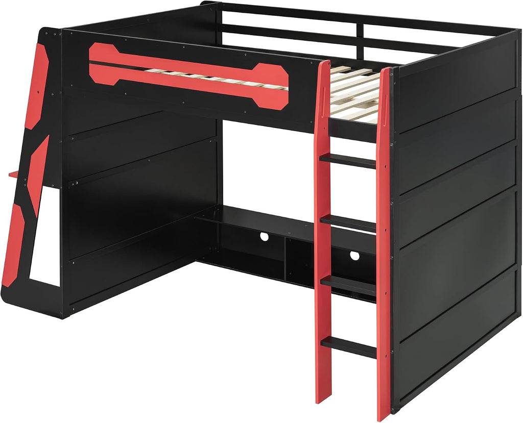 LUMISOL Full Size Gaming Loft Bed with Desk, Multi-Storage Shelves, RGB LED Lights & Built-in Charging Stations for Teens & Adults, Heavy Duty Support, Red Black
