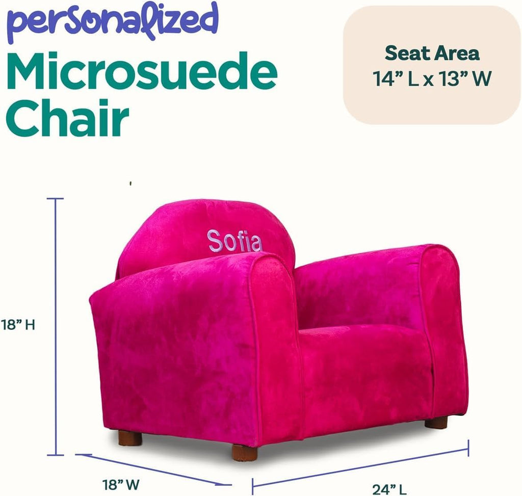Personalized Toddler Chair, Customize with Name, Soft Microsuede Upholstery, Embroidered Kids Armchair, Sturdy Wooden Frame, Easy to Clean, Ages 2–5, Gift-Ready Toddler Chair for Playrooms.