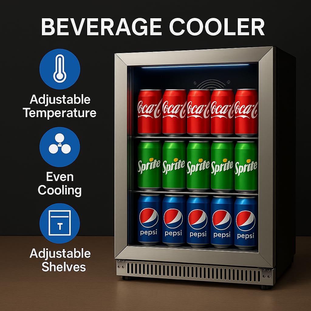 20.1 Inch Built-in Beverage Refrigerator with 7-Color LED Light, Compact 120 Can Under Counter or Freestanding Stainless Steel Drink Cooler Fridge with Glass Door for Soda & Beer