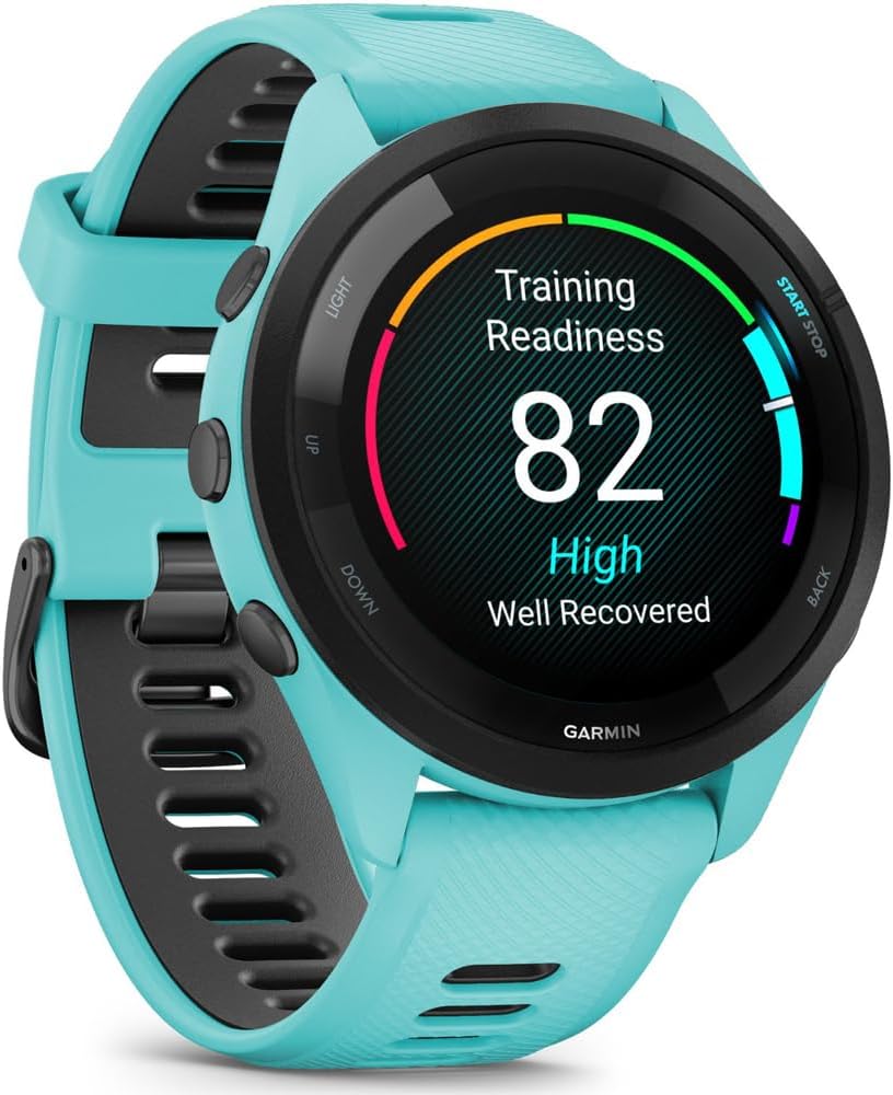 Garmin 010-02810-02 Forerunner 265 GPS Smartwatch, Aqua/Black | Official USA Partner Model | Bundle with Workout Cooling Sport Towel + Deco Essentials Wearable Commuter Front & Rear Safety Light