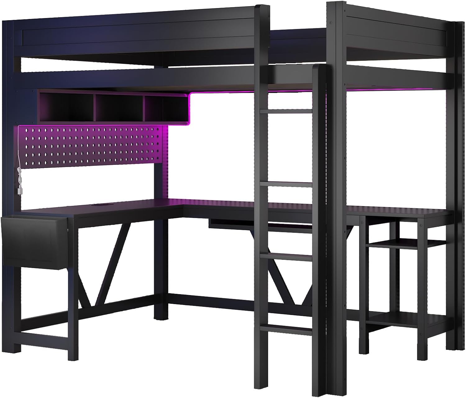 Unique Wood Full Size Gaming Loft Bed with Desk and Storage Shelves,LED and Charging Station,for Kids Teens Adults Bedroom Use (Black/LED, Full)