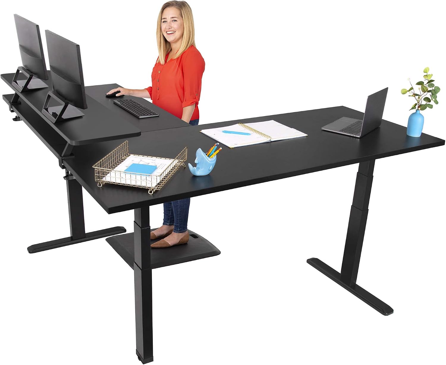 Stand Steady Tranzendesk Power | Extra Large 71 Inch Electric L-Shaped Standing Desk | Giant Corner Stand Up Desk & Sit Stand Workstation| Ergonomic Computer Desk Fits 4 Monitors (Black/71in)