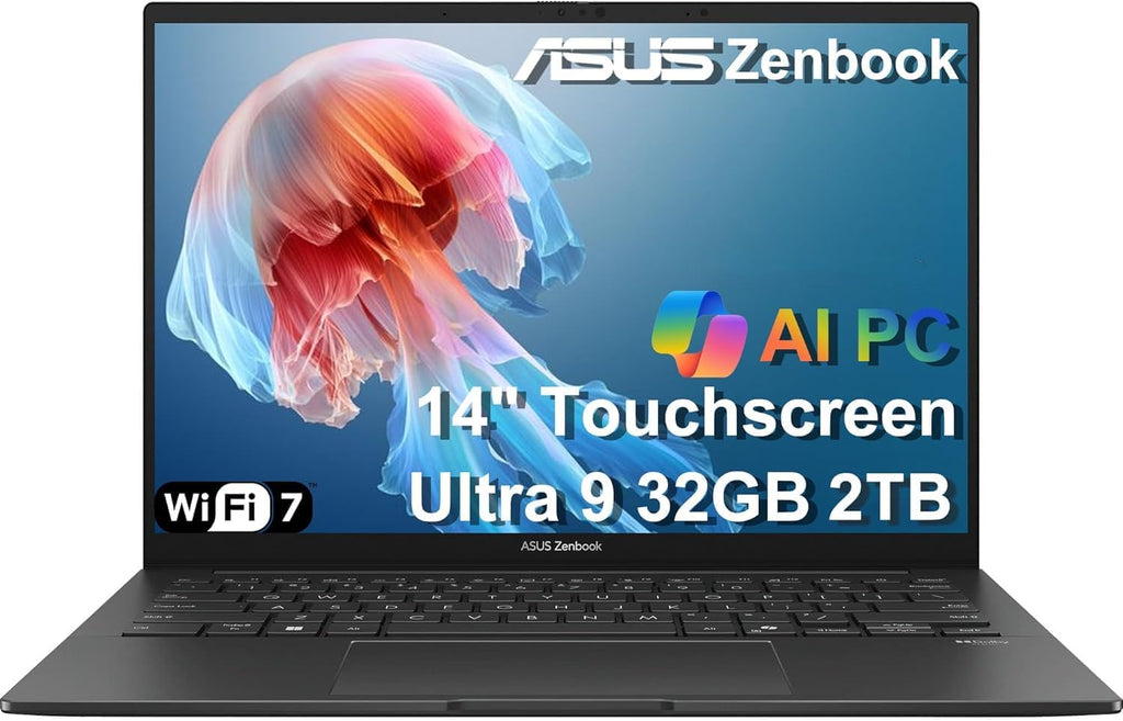 ASUS Zenbook 14 AI PC OLED Touchscreen Laptop, Intel Ultra 9 285H, 32GB DDR5, 2TB SSD, 14' FHD+, 16-Core (> i9-13900H), Backlit, 2x Thunderbolt 4, Wi-Fi 7, 18-Hr Battery, IR Webcam, Win 11 Pro, UX3405