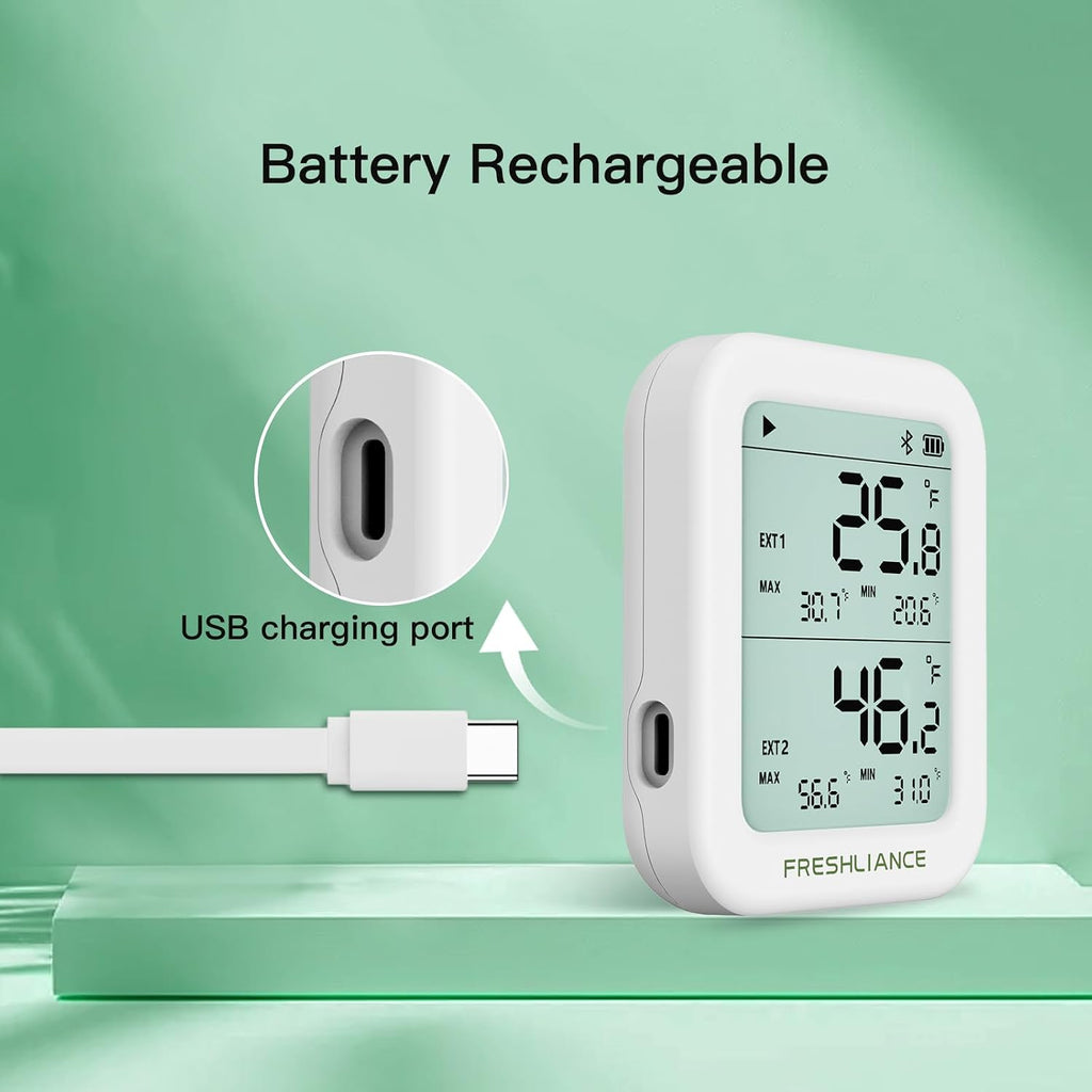 Freshliance Temperature Humidity Data Logger Recorder Bluetooth with 2pcs External Probe, Digital Refrigerator Thermometer Hygrometer, Remote Data Recording Analysis Alarm by Smart APP,BlueTag TH30R-I