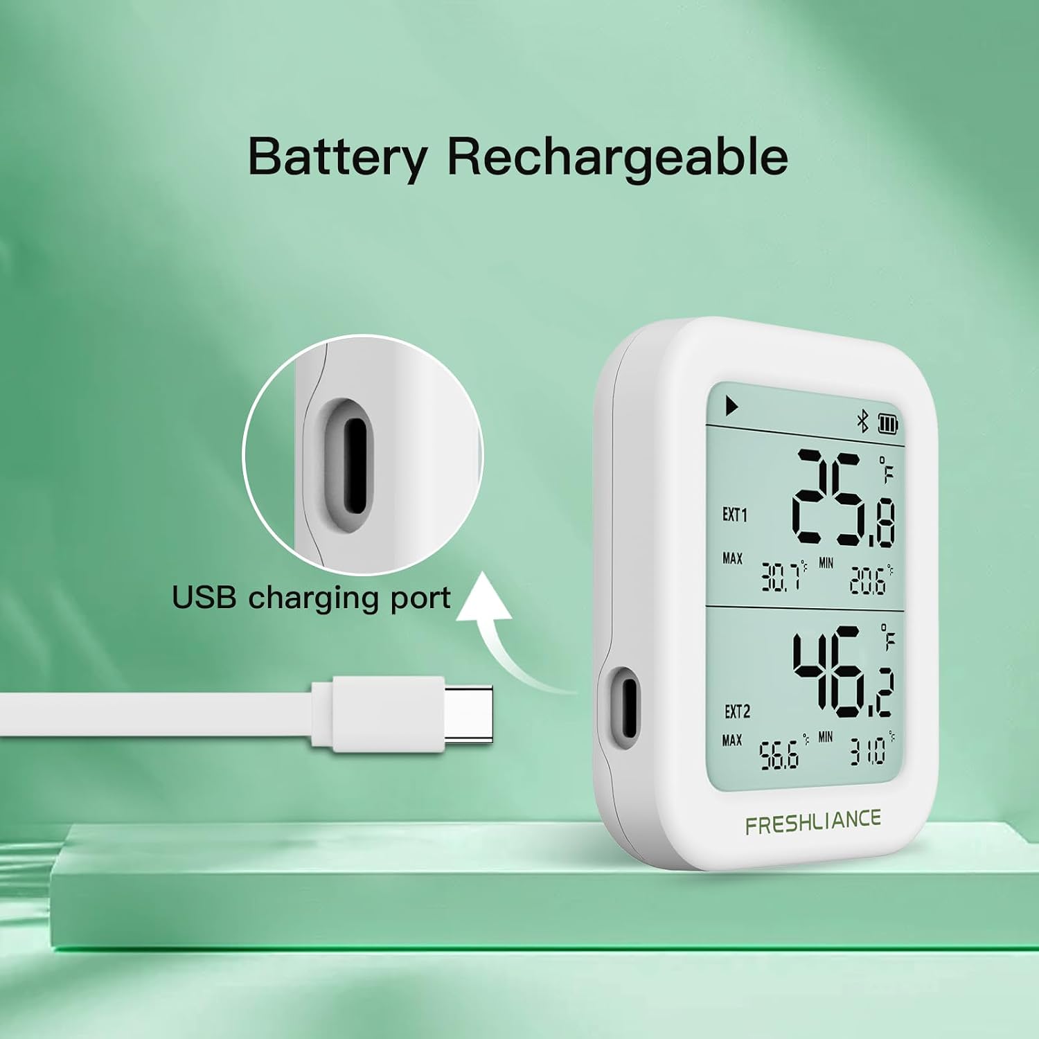 Freshliance Temperature Humidity Data Logger Recorder Bluetooth with 2pcs External Probe, Digital Refrigerator Thermometer Hygrometer, Remote Data Recording Analysis Alarm by Smart APP,BlueTag TH30R-I