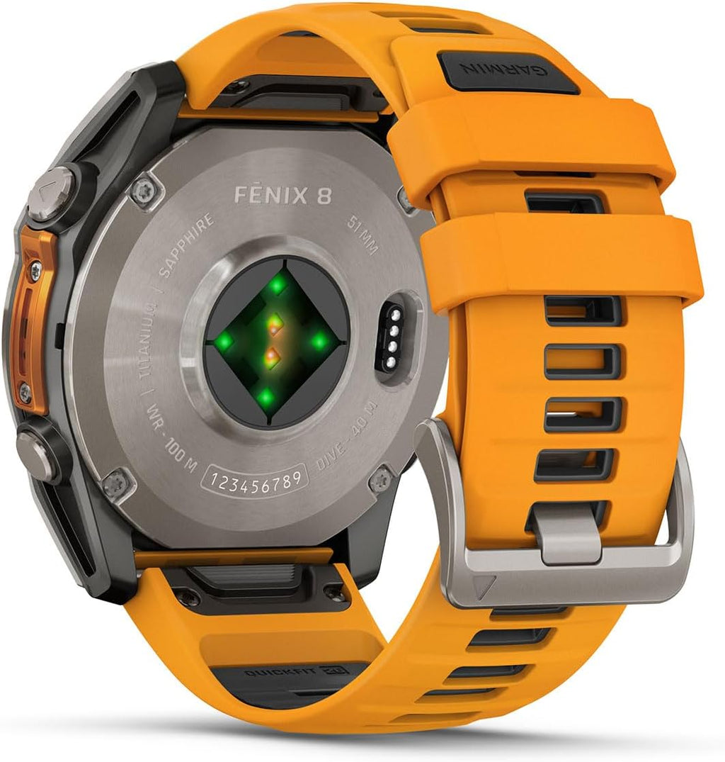 PlayBetter Garmin Fenix 8 AMOLED Sapphire (51mm, Titanium/Spark Orange) Multisport GPS Smartwatch Bundle - 1.4' Touchscreen, Built-in LED Flashlight Wireless Running Earbuds