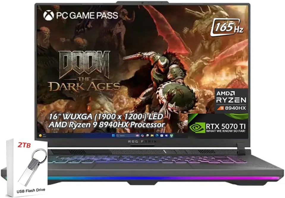 ASUS - ROG Strix G16 16' LED IPS 165Hz Gaming Laptop - AMD Ryzen 9 8940HX - NVIDIA GeForce RTX 5070Ti - 16GB RAM 1TB SSD - Wi-Fi6E Bluetooth BacklitKB Win11 - Eclipse Gray - 2TB USB Drive - W/GaLiMu