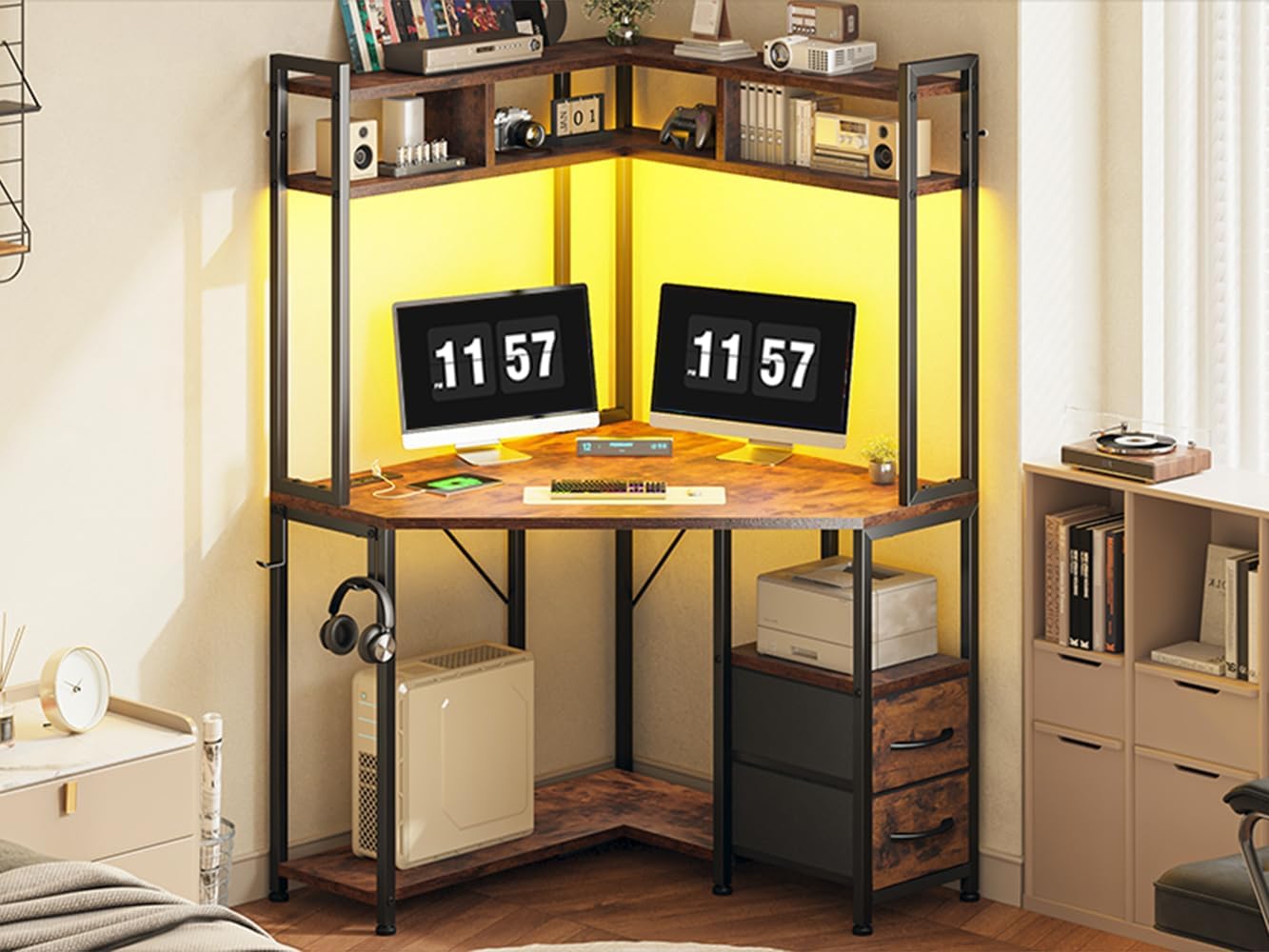 DurayLoly 35.4' W x 63' H Corner Desk with Hutch & LED Lights, Triangle Corner Desk and Computer Desk with Drawers for Storage & Shelves and Hook, Office Desk for Bedroom Small Space, Rustic Brown