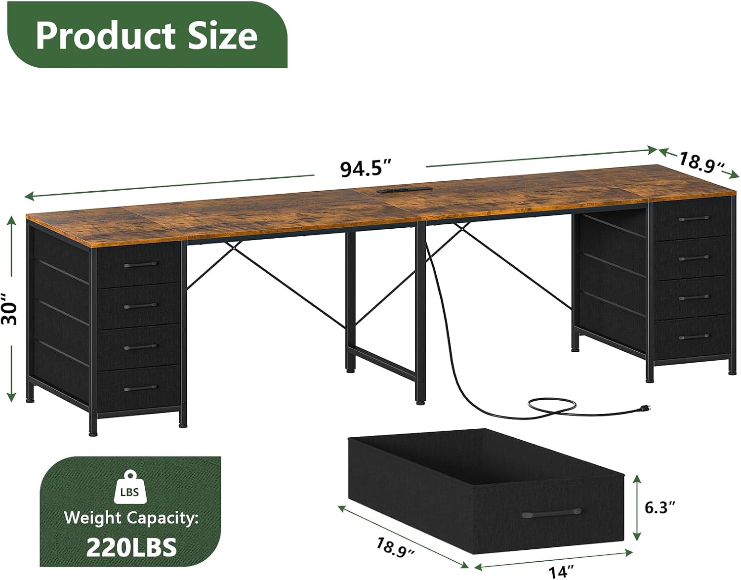 TVU 95' 2 Person Desk with 8 Drawers, Large Writing Home Office Desks with Outlets, I Shaped Workstation Double Desk Drawer Organizers (Rustic)