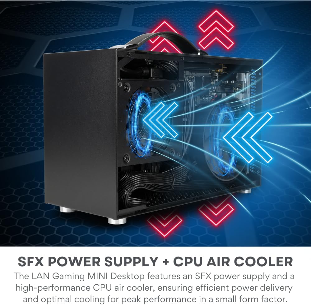 LAN Gamer 8.1L Mini ITX Desktop RTX 5060 Ti 16GB, AMD 8-Core Ryzen 7 8700F CPU, 32GB DDR5 RAM, 2TB Gen4 NVMe SSD, SFF PC w/Windows 11 Pro, 3-Year Warranty, RGB Keyboard+Mouse, Internal Wi-Fi (Black)