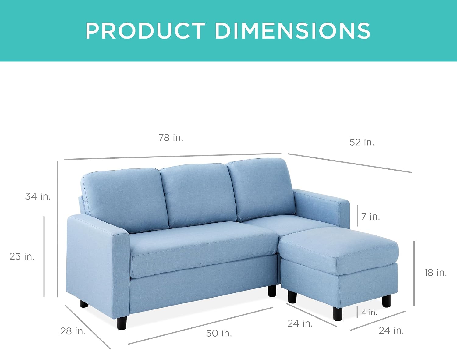 Best Choice Products Upholstered Sectional Sofa for Home, Apartment, Dorm, Bonus Room, Compact Spaces w/Chaise Lounge, 3-Seat, L-Shape Design, Reversible Ottoman Bench, 680lb Capacity - Light Blue