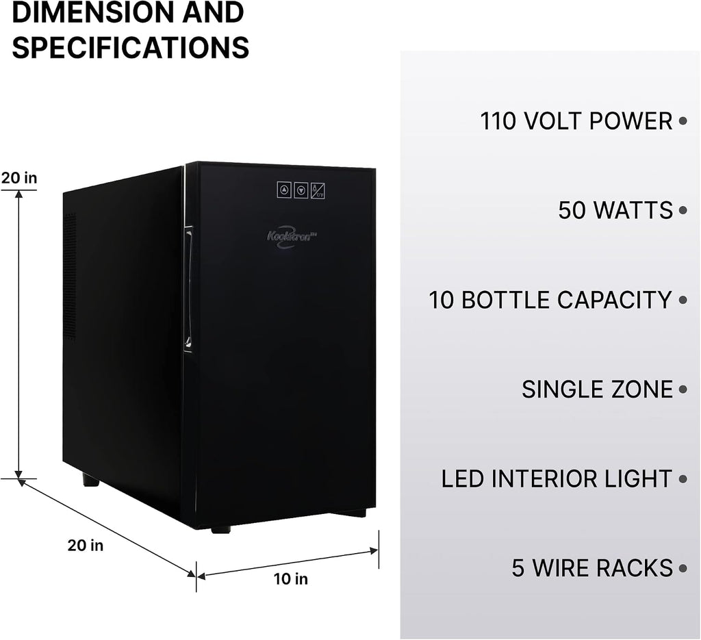 Koolatron 10 Bottle Wine Cooler, Black, Thermoelectric Wine Fridge, 1 cu. ft. Freestanding Wine Cellar, Red, White and Sparkling Wine Storage for Small Kitchen, Apartment, Condo, RV