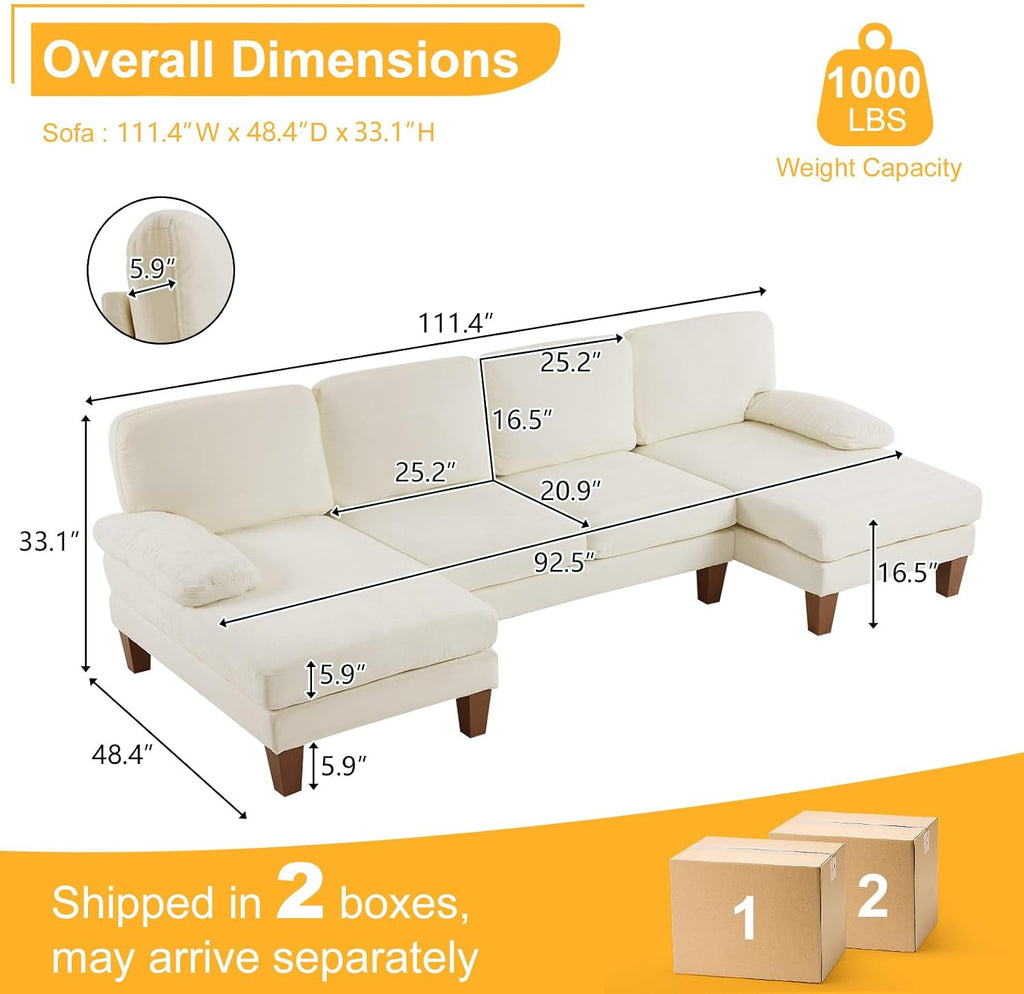Karl home 111' Sectional Sofa U-Shaped 4-Seat Couch with Chaises Wood Grian Legs Chenille Fabric Upholstered for Living Room, Apartment, Office, Beige