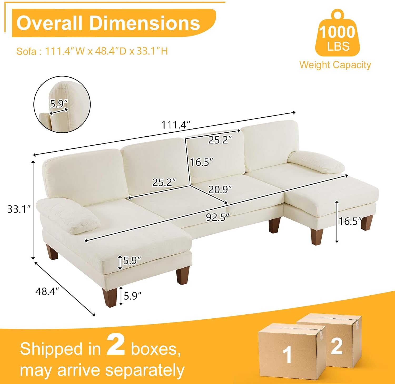 Karl home 111' Sectional Sofa U-Shaped 4-Seat Couch with Chaises Wood Grian Legs Chenille Fabric Upholstered for Living Room, Apartment, Office, Beige