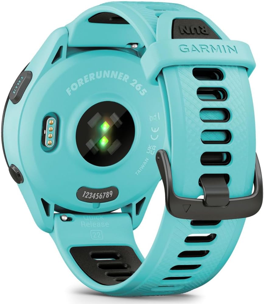 Garmin 010-02810-02 Forerunner 265 GPS Smartwatch, Aqua/Black | Official USA Partner Model | Bundle with Workout Cooling Sport Towel + Deco Essentials Wearable Commuter Front & Rear Safety Light