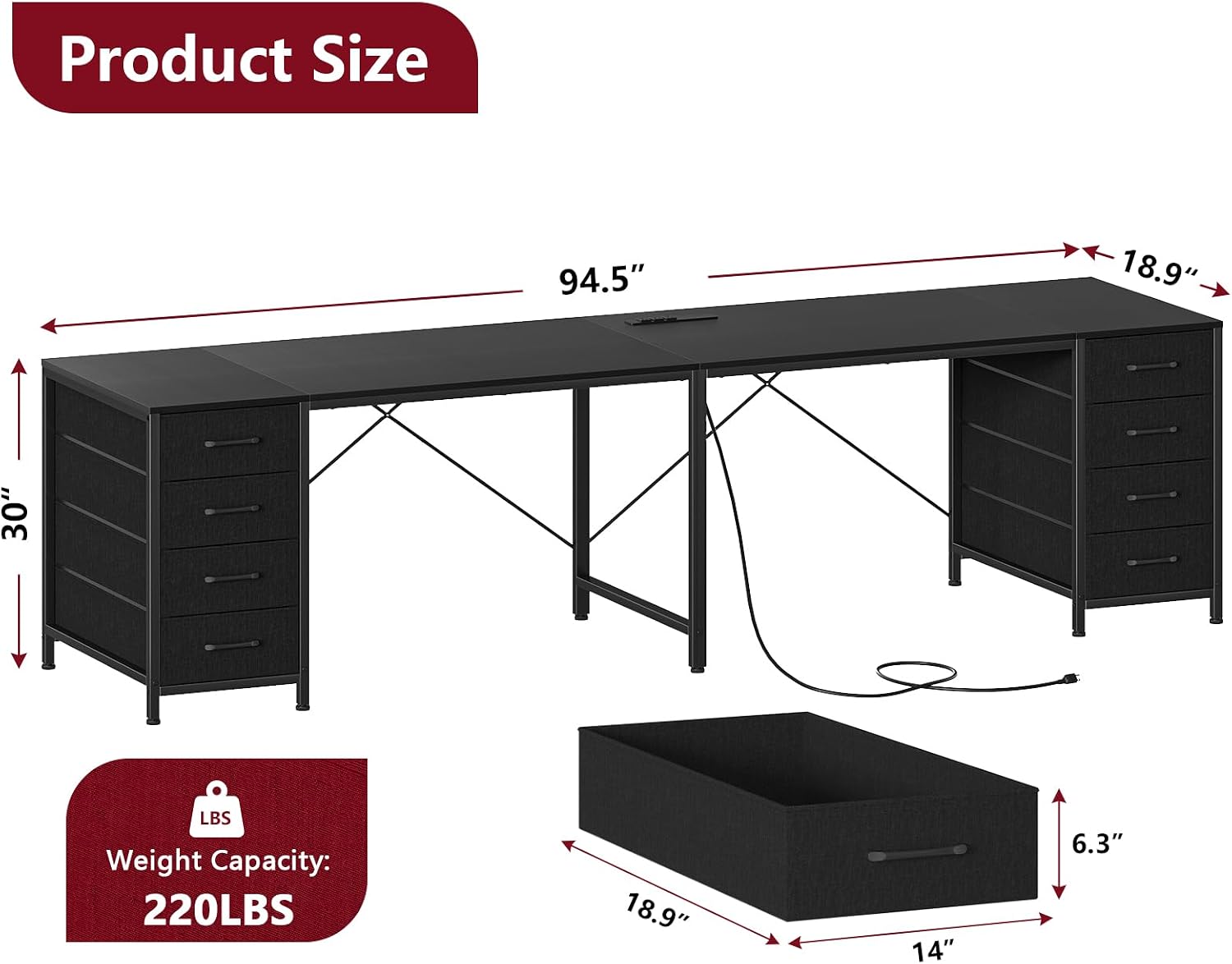 TVU 95' 2 Person Desk with 8 Drawers, Large Writing Home Office Desks with Outlets, I Shaped Workstation Double Desk Drawer Organizers