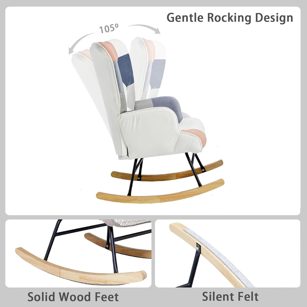 Nursery Rocking Chair, Baby Toddler Glider Rocker with Ottoman, Comfy Accent Chair, for Bedroom Living Room Small Spaces, Patchwork Velvet, Pink