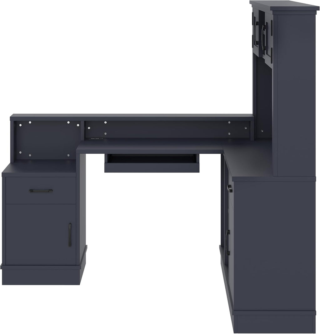 Bellemave L-Shaped Computer Desk with Power Outlet & Storage - Modern Corner Gaming Desk with Bookshelf and Drawers, Study Writing Workstation for Home Office, Blue