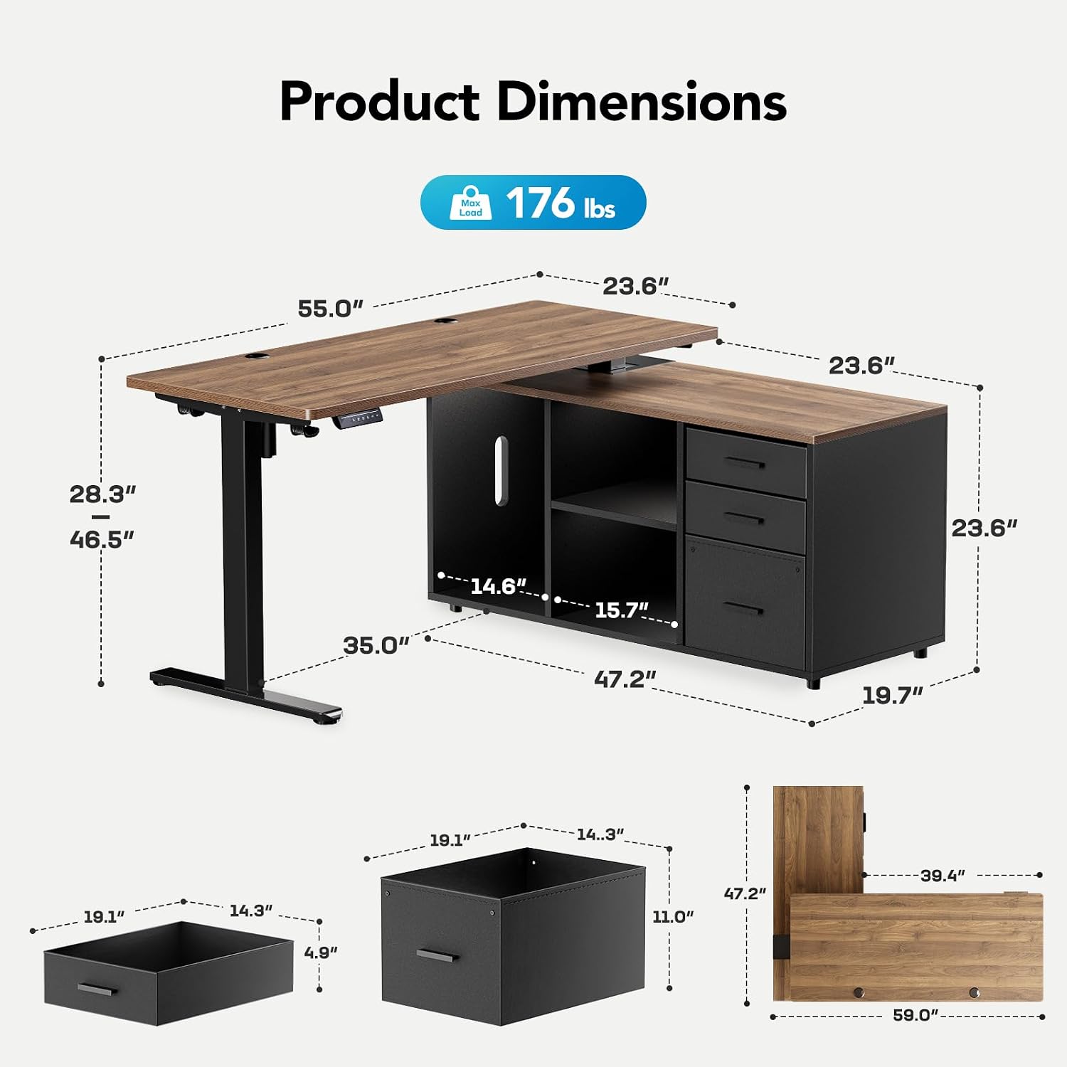 HUANUO L Shaped Standing Desk, Electric Executive Desk with Drawers, Adjustable Height Stand Up Desk, 55″ x 23.6″ One-Whole Piece Desktop, Home Office Computer Desk with 4 Memory Presets, Walnut