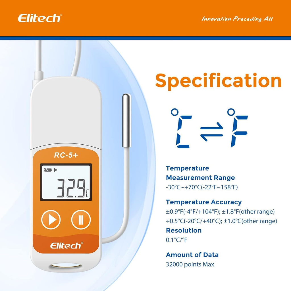 Elitech RC-5+ TE Digital PDF USB Temperature Data Logger Reusable Recorder Refrigerator Thermometer 32000 Points High Accuracy (Extra External Sensor)-10Pack
