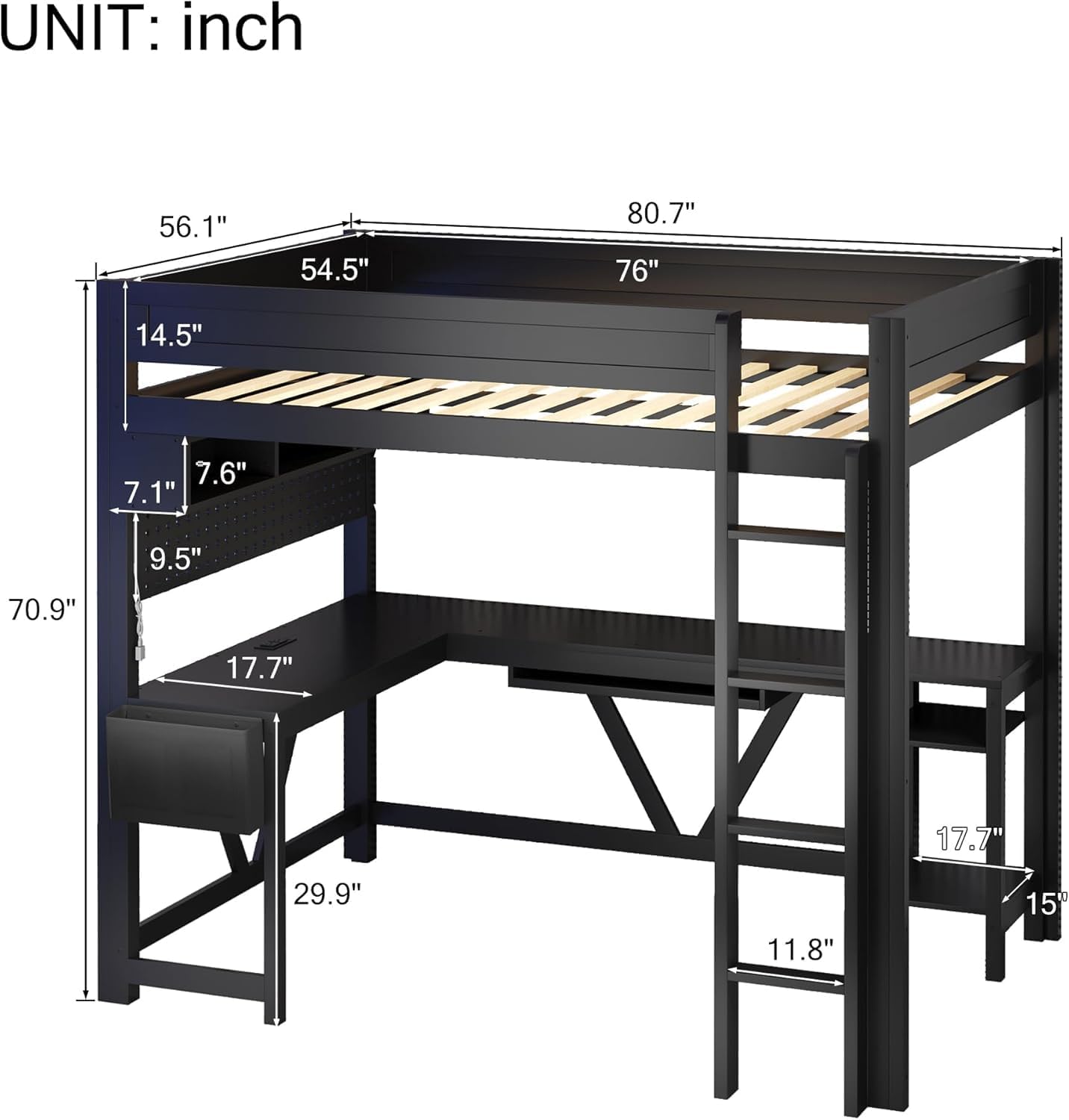 Virubi Full Gaming Loft Bed with Desk and Storage Shelves, LED RGB and Charging Station, Wood High Loft Bed with Storage Case, Ladders,and Guardrails for Adults Teens (Black)