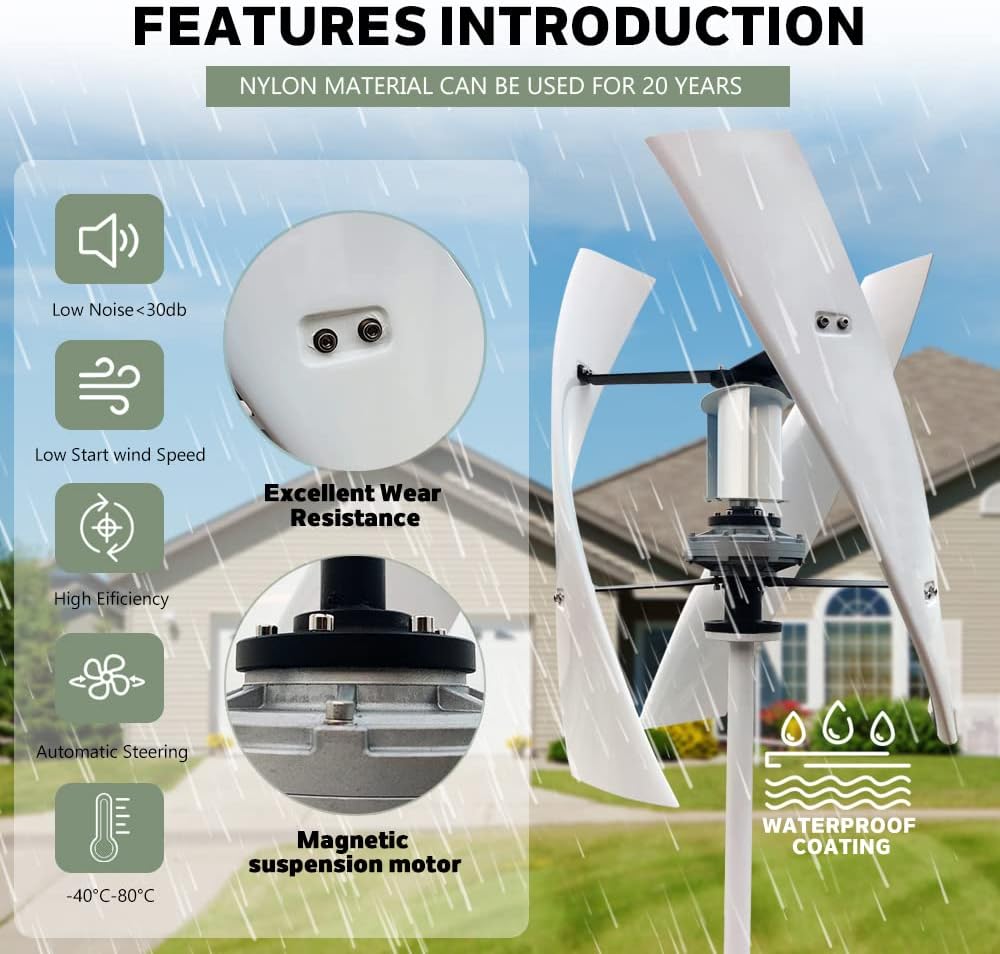 1000W-3000W Vertical Axis Wind Turbine Generator, 12V 24V 48V with MPPT Controller for Home Street Lighting (No Noise)